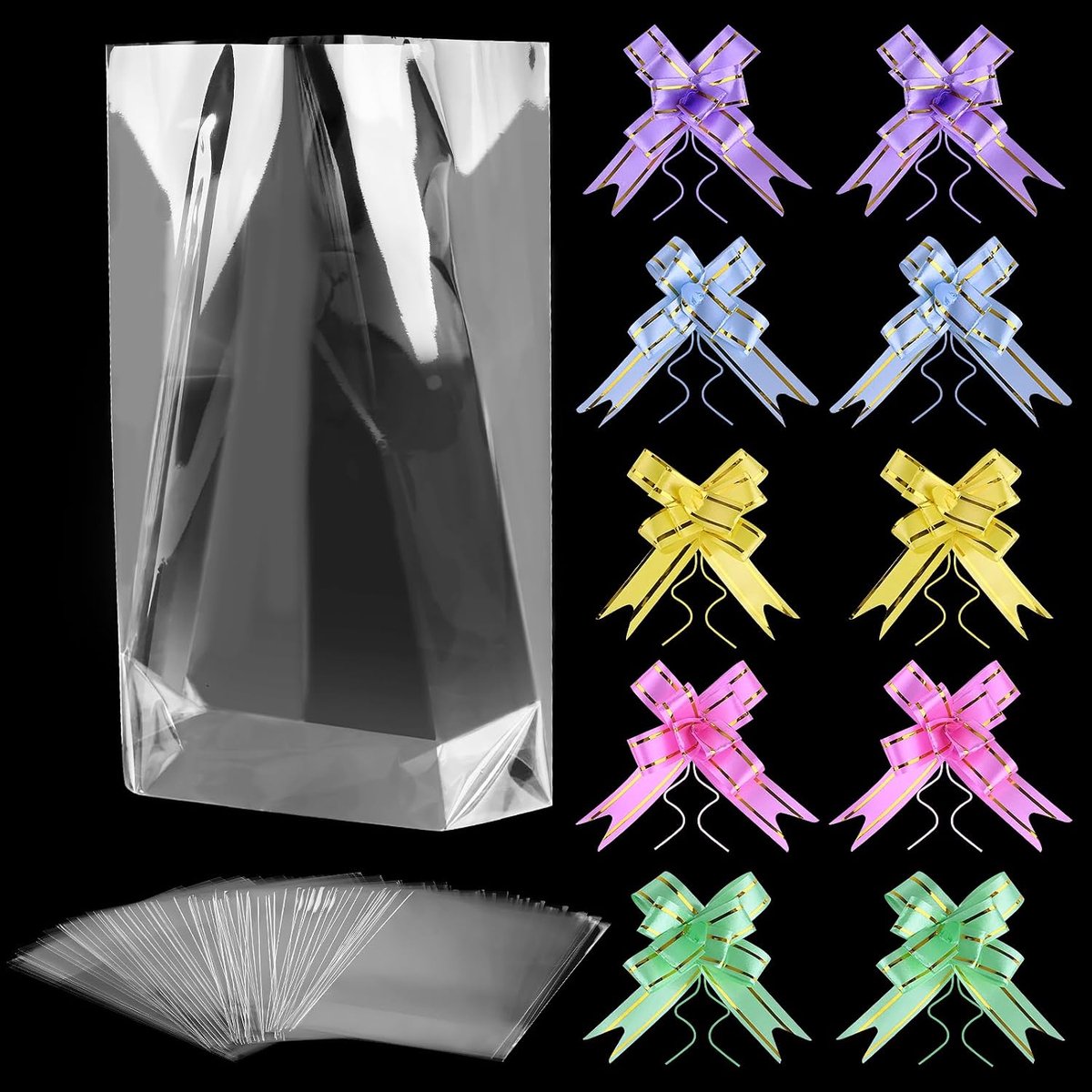 100 stuks transparante zakjes 20 x 30 cm cellofaanzakjes met 100 stuks geschenkstrikken, kleurrijke cadeauzakjes, transparante cadeauzakjes voor bakwaren, popcorn, snoep, zeep