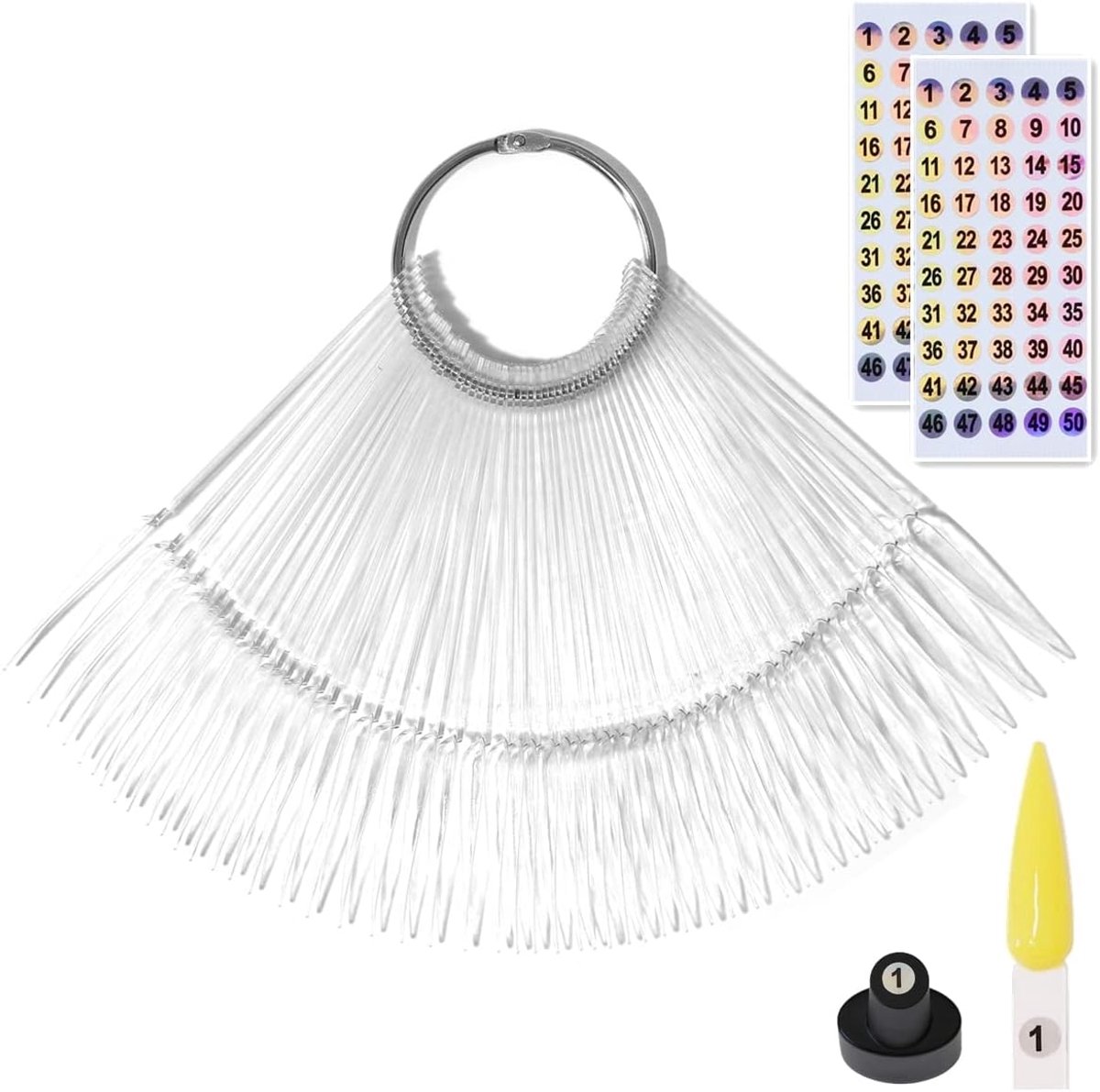 50 stuks nagelstalen sticks met cijferstickers, nagelkleurweergave, stiletto-tips, doorzichtige nagelmonstersticks met ring, oefennageltips, nagelbenodigdheden voor nageltechnici, professionele