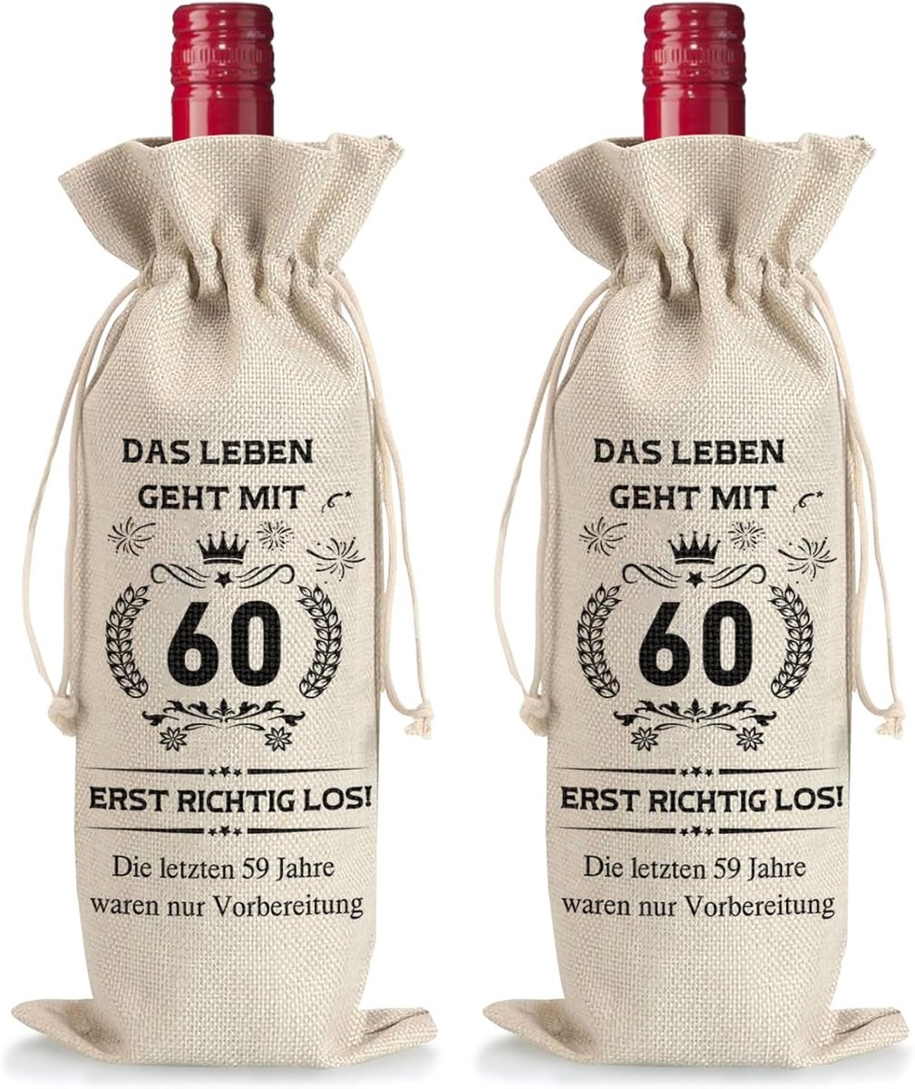 2 stuks wijnfleszakken, jute, cadeaus voor de 60e verjaardag van man en vrouw, wijnzak, herbruikbare wijncadeauzakjes met trekkoord, wijncadeautas, wijnflessen, cadeauzakjes voor champagneflessen