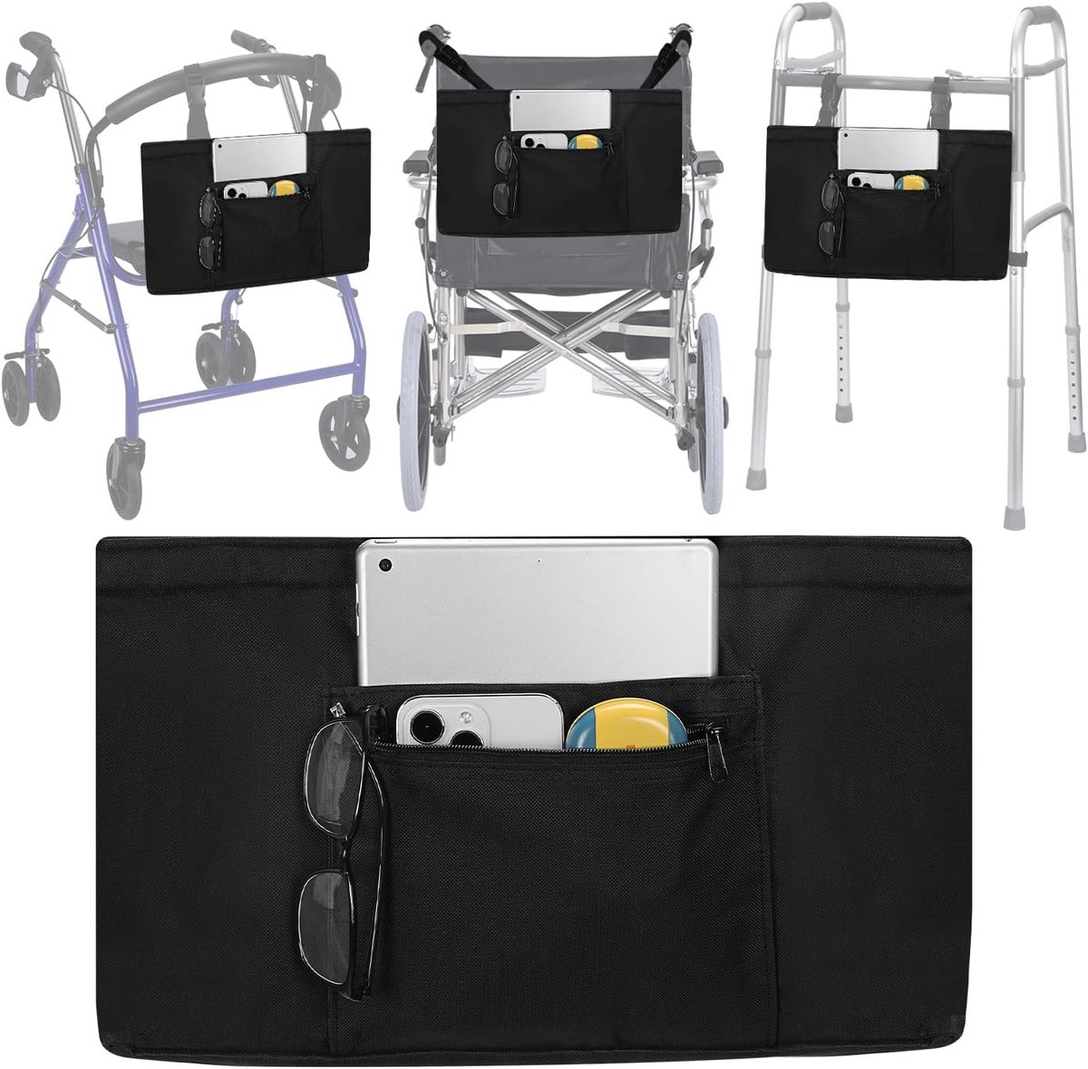 supregear Rolstoeltas, Opvouwbare Rollator Tas Organizer Mand met Afneembaar Koelvak voor Rollator Wandelframe Scooter Rolstoel, Eenvoudig Toegankelijke Ritsvak, Zwart