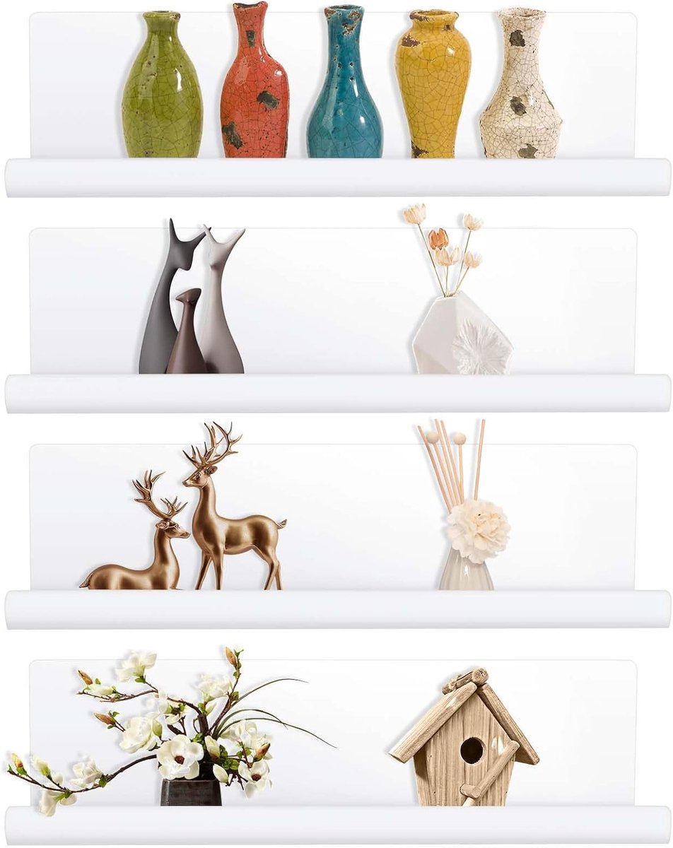 4-delige wandplank zonder boren, acryl wandplank, biedt ruimte voor boeken en foto's, wanddecoratie, geschikt voor keuken, badkamer, kantoor, woonkamer, wit'