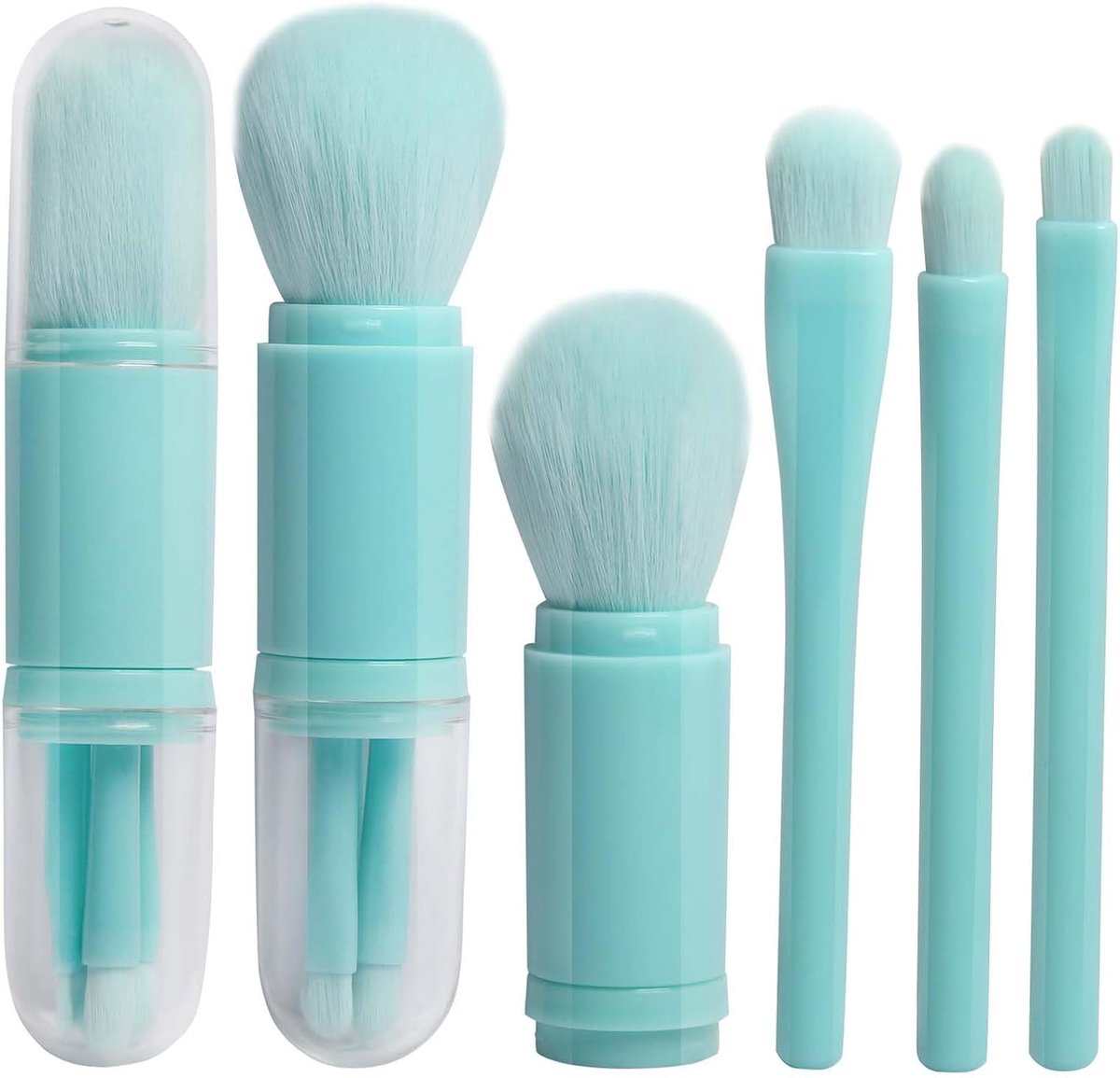 draagbaar, 4-in-1 intrekbare kwastenset met houder, reismake-upborstels poeder oogschaduw, multifunctioneel gezicht, kleine make-upkwastenset (blauw)