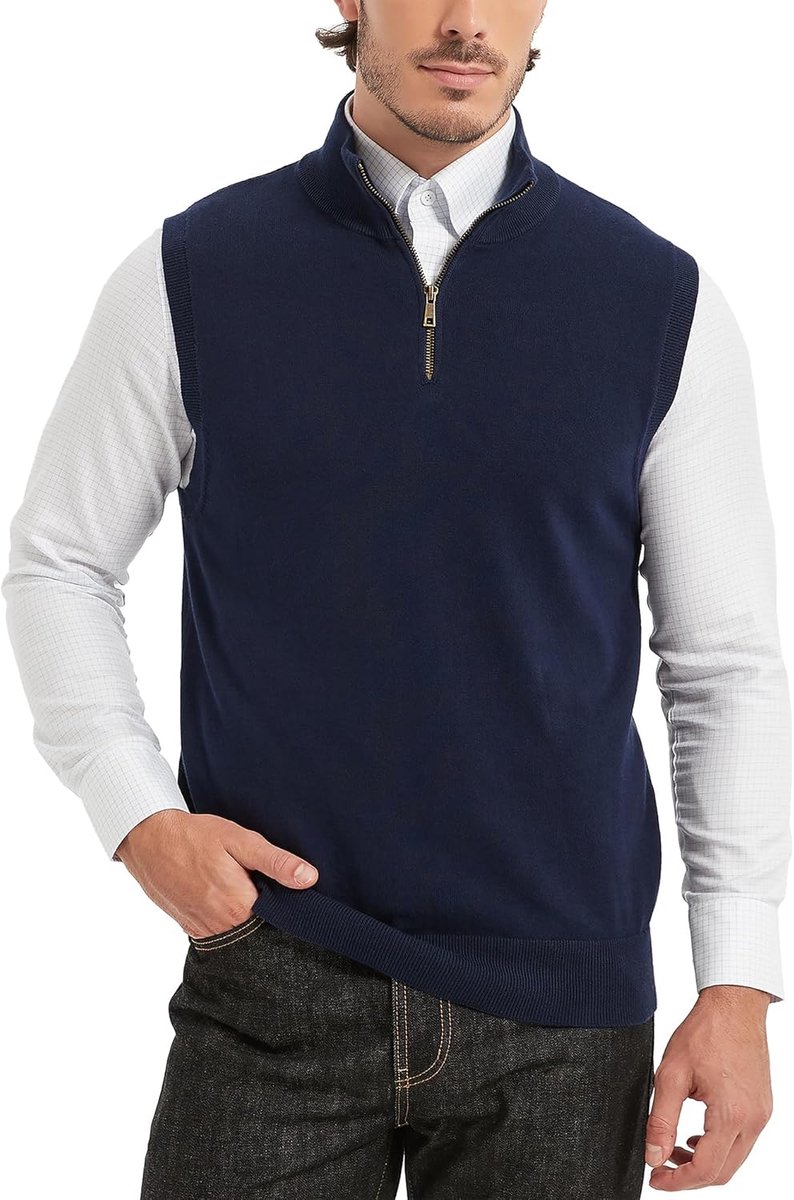 Heren puur katoen kwartaal ritssluiting staande kraag trui business effen gebreid mouwloos pullover vest