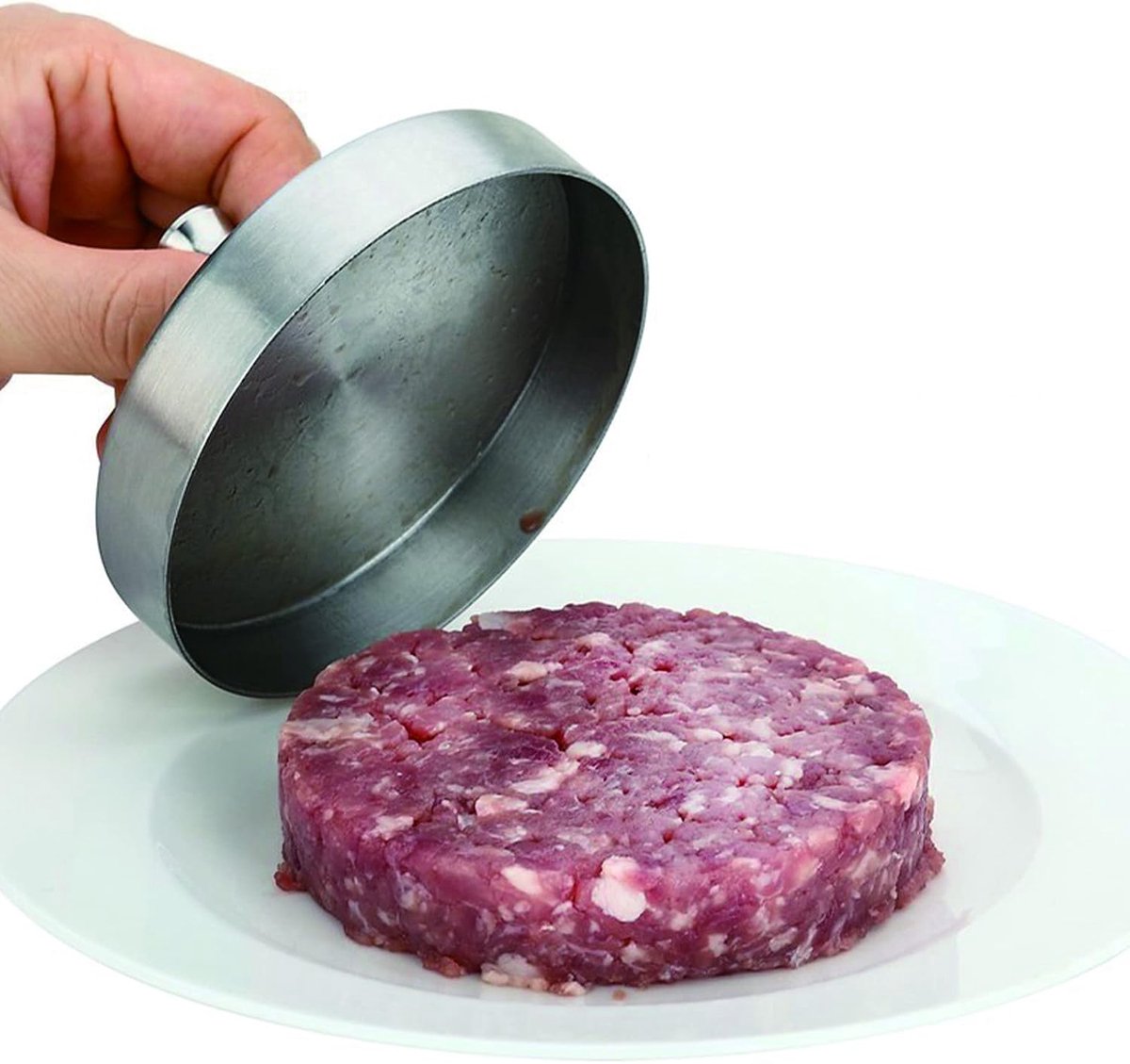 Press Hamburger Pers Patty Maker - Food-Graded 304 RVS Patty Press Burger Mold Ring voor Vlees Beyond Veggie Turkije Veganistisch rundvlees, Zilver (M)