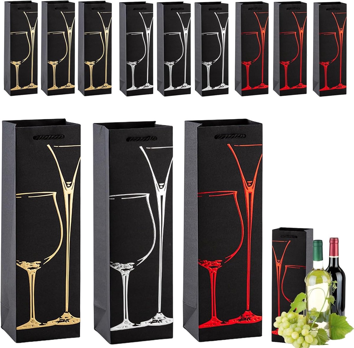 papieren wijnfleszakken met sterke touwhandgrepen, 12 stuks zwarte fleszakken voor wijn, whisky, champagne, herbruikbare wijntas, enkele wijnfles geschenkzakken voor Kerstmis, bruiloft