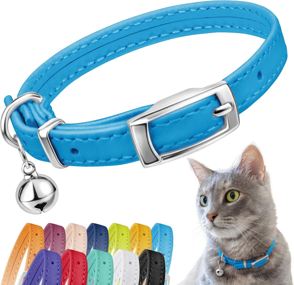 Lederen kattenhalsband, veiligheidskraag voor katten met elastische band, kattenhalsband voor kat met bel, zwart, blauw, rood, oranje, limoengroen (nekmaat 9"-11", lichtblauw)