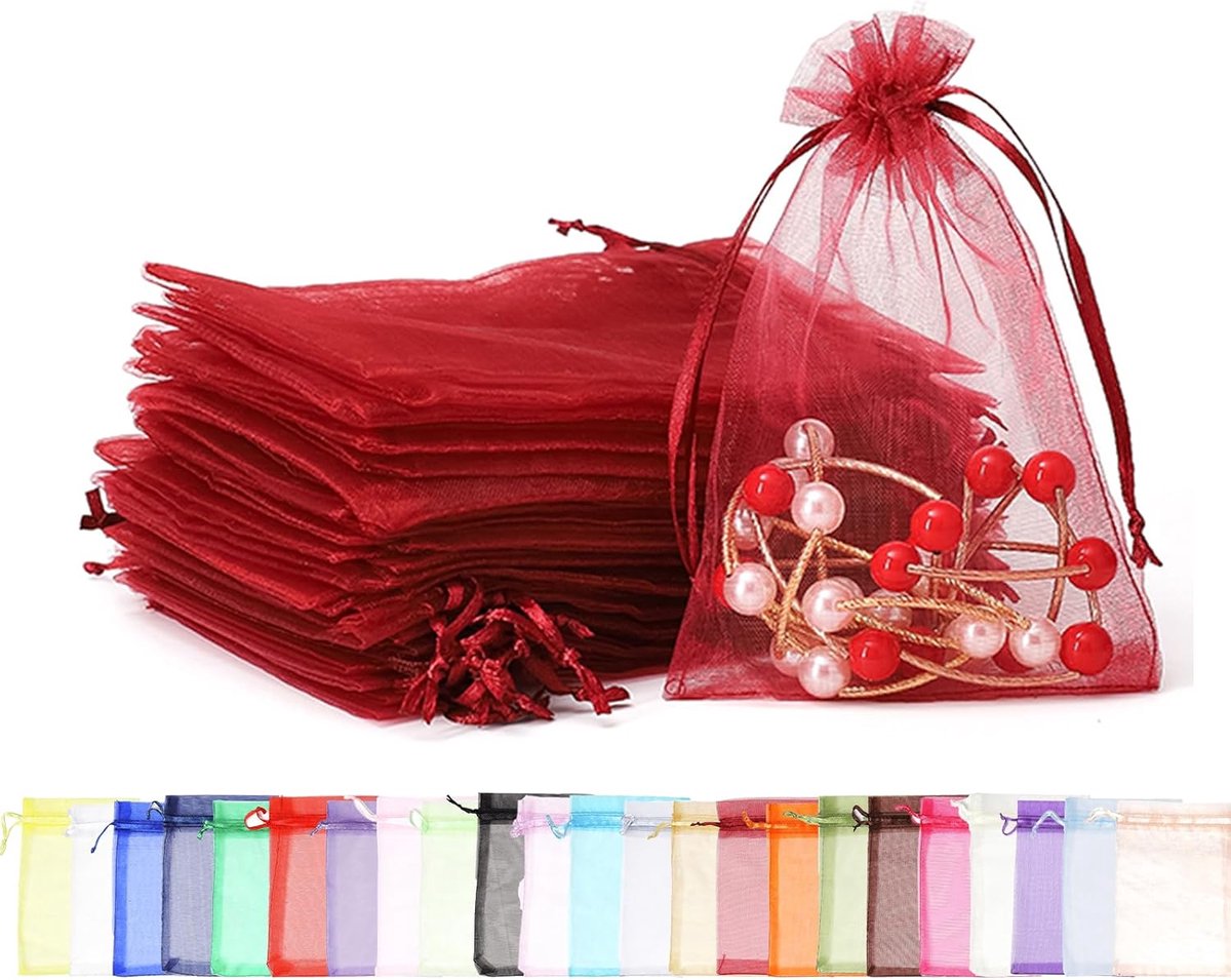 100 stuks wijnrode organzazakjes, 7x9 cm. Kleine cadeau-organzazakjes met trekkoord. Geschikt als zakjes voor bruiloftssnoepjes, sieradenzakjes, kerstcadeaus, verjaardagsfeestje