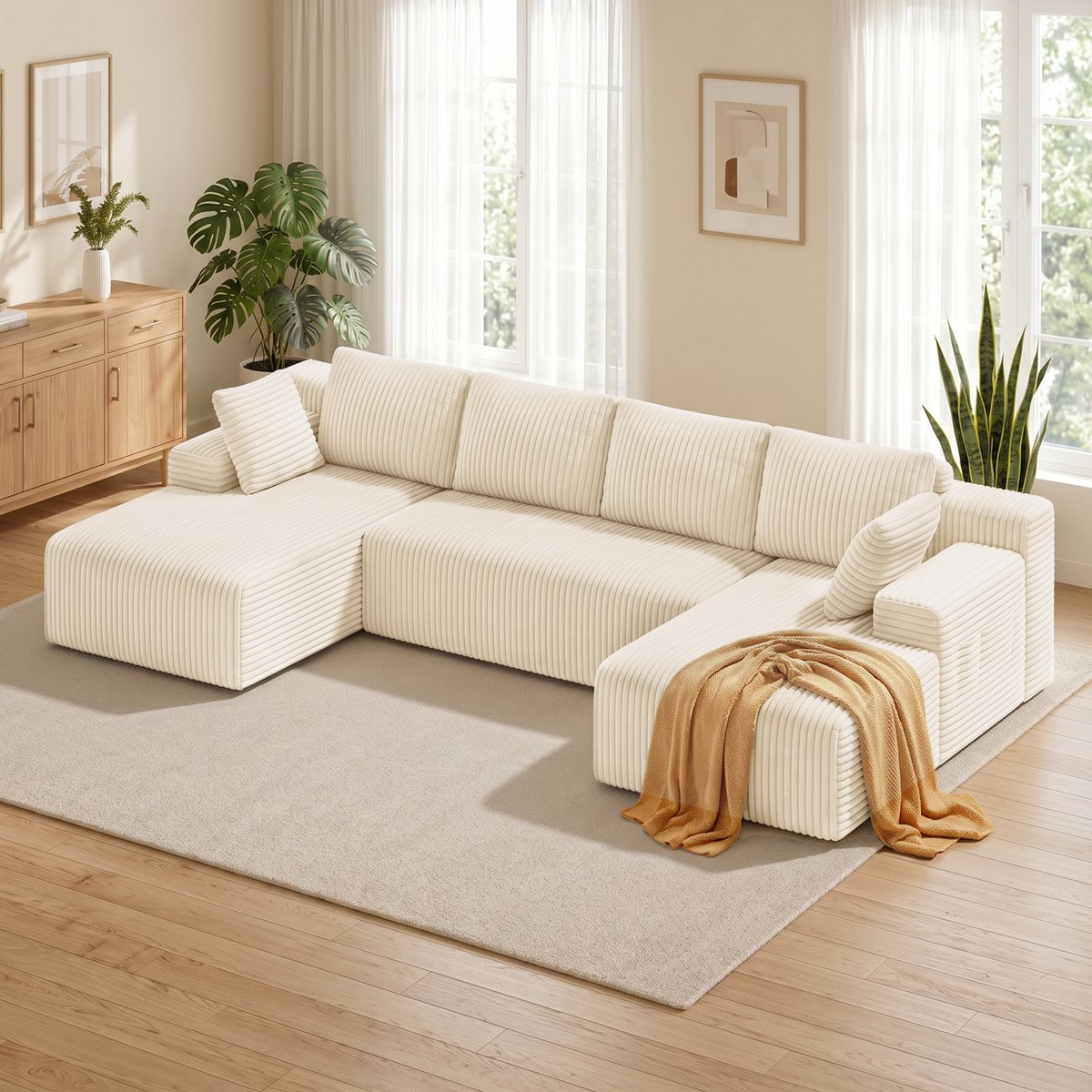 Xbro Hoekbank in U-vorm met Slaapfunctie,Modulaire Hoekbank Vrij te Combineren, Luxe Fluwelen Bank,6-Zits,Beige