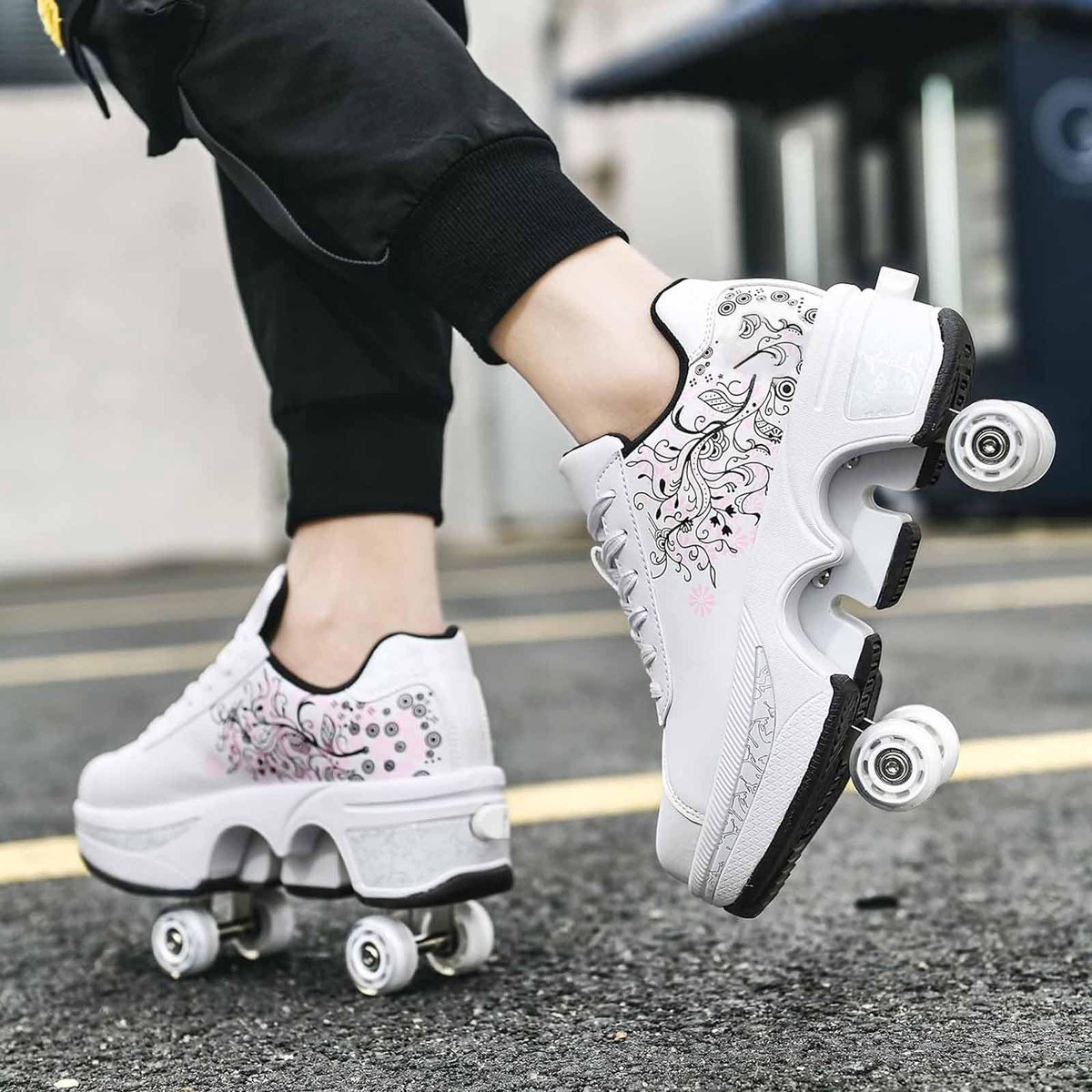 SnelShoppen Rolschaatsen voor Meisjes Sneakers met Wielen Multifunctionele Skateschoenen Witte Bloem EU Sport en Gymnastiek