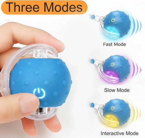 Blauwe interactieve bal met drie modi: snel (blauw licht), langzaam (paars licht) en interactief (geel licht).