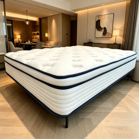 Moderne slaapkamer met een wit matras met blauwe accenten, geplaatst op een laag bedframe. De matras heeft een gestikt oppervlak en is afgebeeld op een houten vloer.