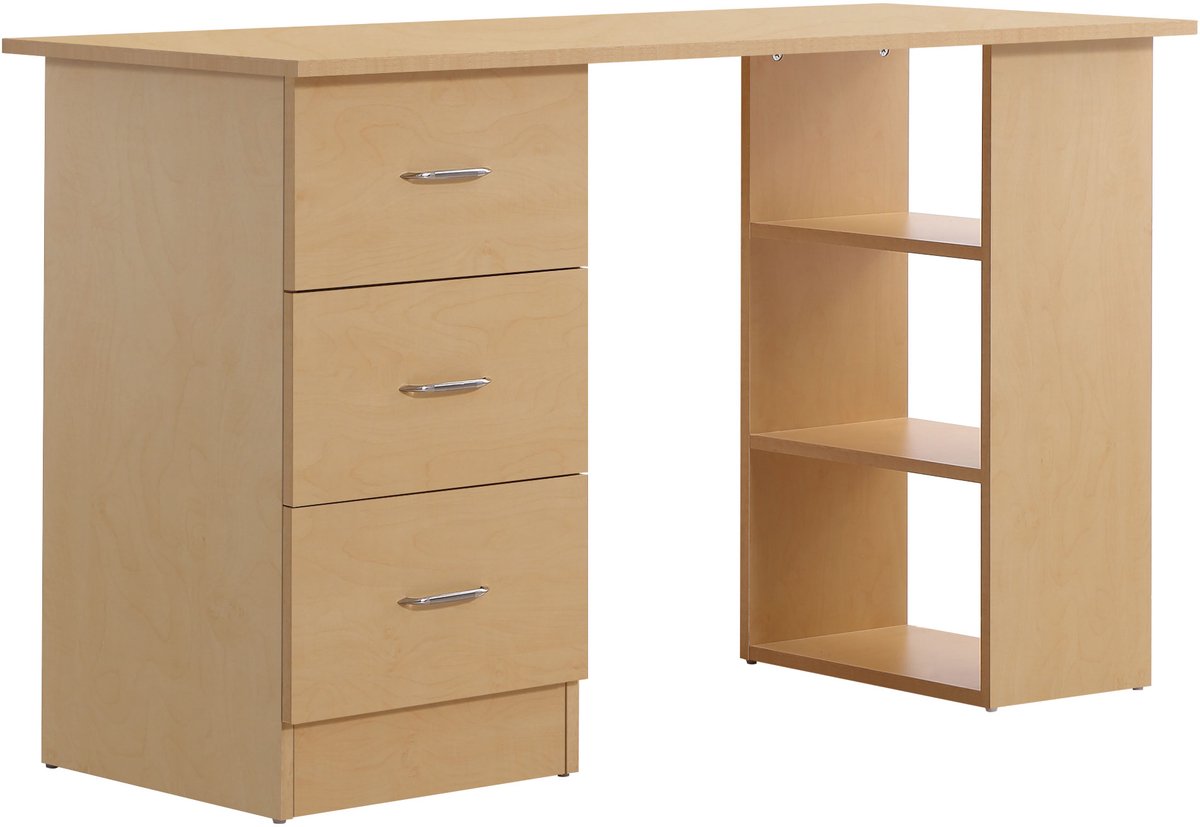 Computerbureau met 3 laden, modern, 120 x 50 cm, lichtbruine buitenkant | 3 open planken, omkeerbare opslag, computertafel, slaapkamer, kleine ruimte, telewerk
