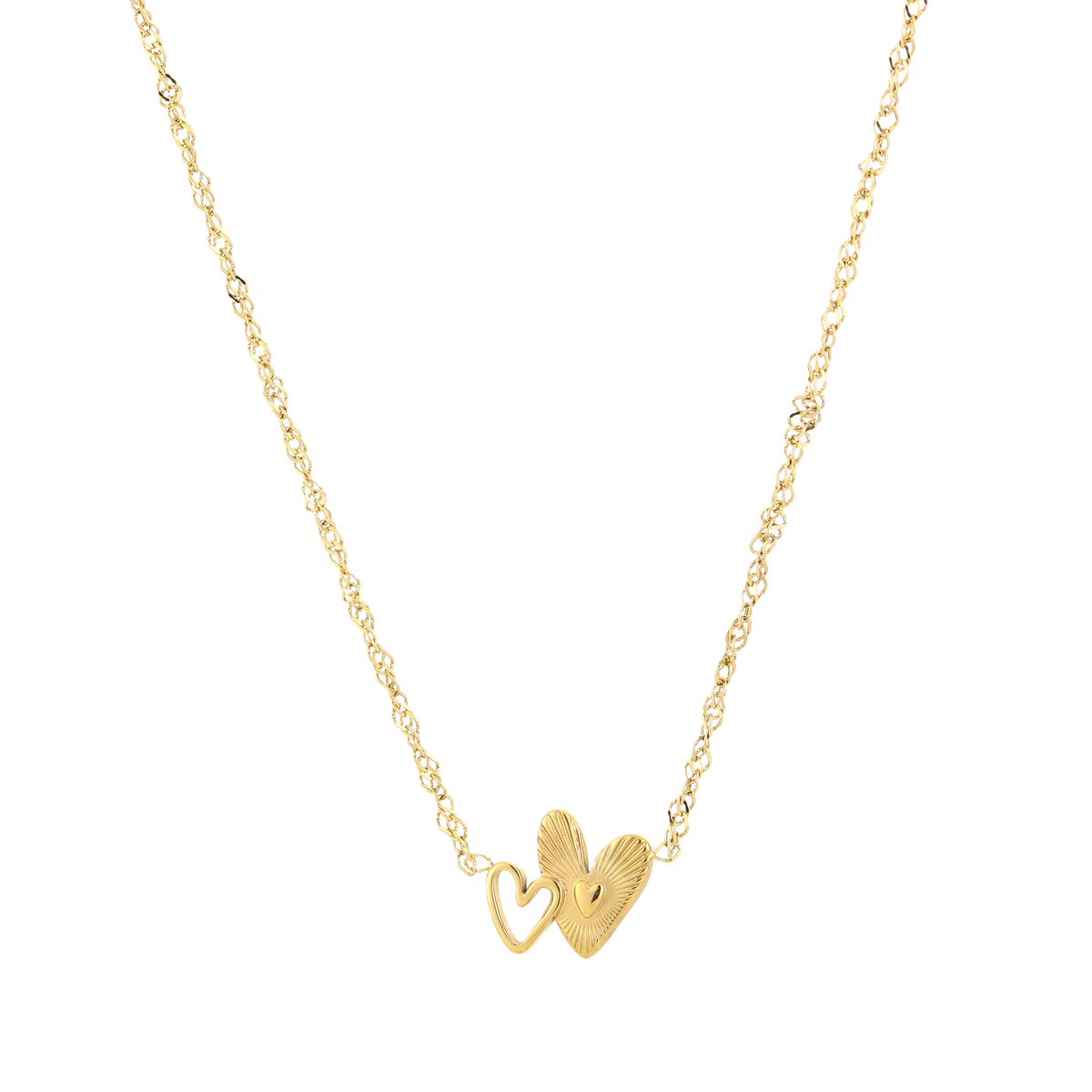 Double Interlocking Heart Pendant Chain Necklace – Hartjes Ketting – RVS - Goud