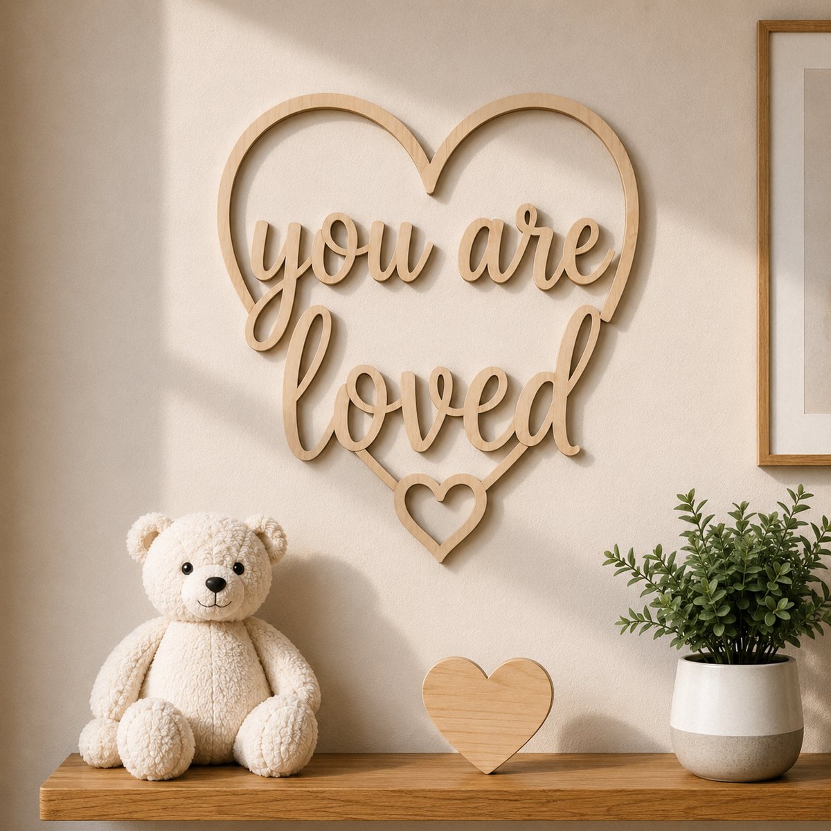 Houten Muurdecoratie "You Are Loved" – 40 x 40 cm – 5 mm Multiplex – Hartvormige Kinderkamer Wanddecoratie – Natuurlijk Hout/ baby