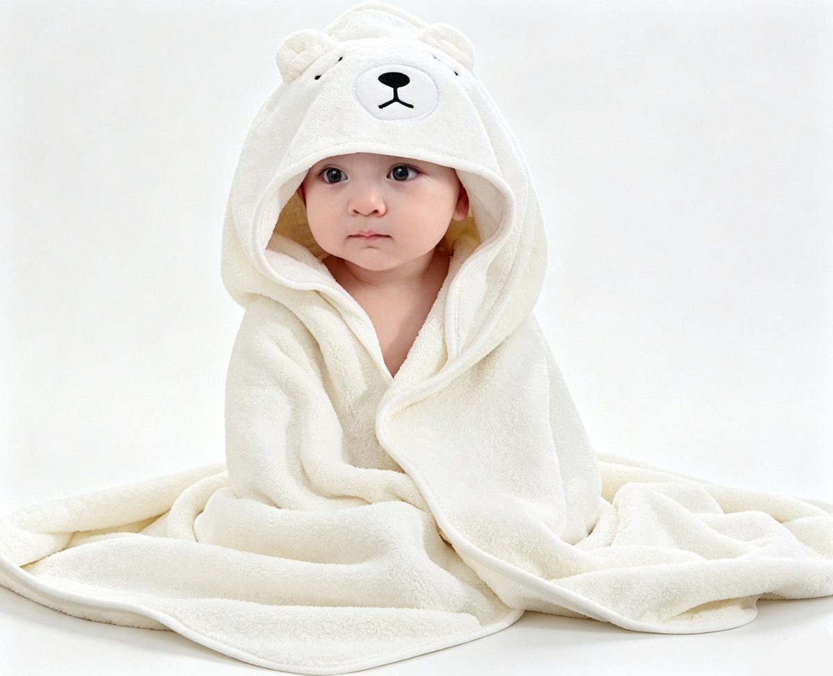 Wit - IJsbeer - Badcape - Baby Handdoek - Zachte Poncho - Badhanddoek - Met Capuchon - Badponcho - Dieren - Baby fleecedeken - Baby en Peuters - 0-3 jaar - Babydeken - Babycape - Wikkeldeken - Kraamcadeau - Handdoek - Kleuter - Multifunctionele