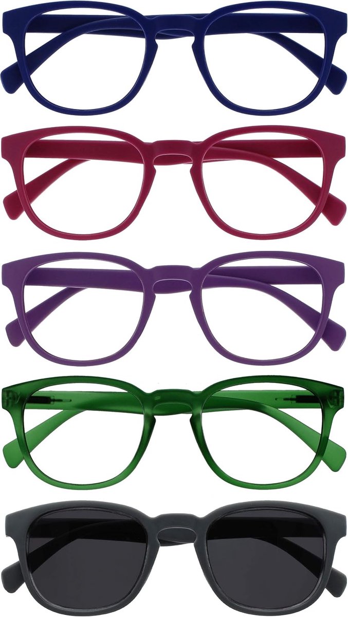 Pop 5 Stuks Leesbril Met Zon Lezer Retro Blauw Roze Purper Groen Grijs Mannen Vrouwen RRRRS2-34567 +2,50
