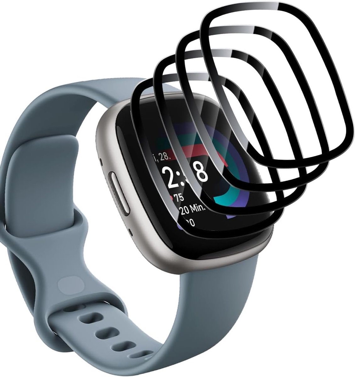 beschermfolie voor Fitbit Versa 4/Versa 3/Sense 2/Sense gehard glas [4 stuks], PMMA composiet beschermfolie, HD transparant, 3D gebogen schermbeschermer voor Fitbit Versa 4/Versa 3/Sense 2