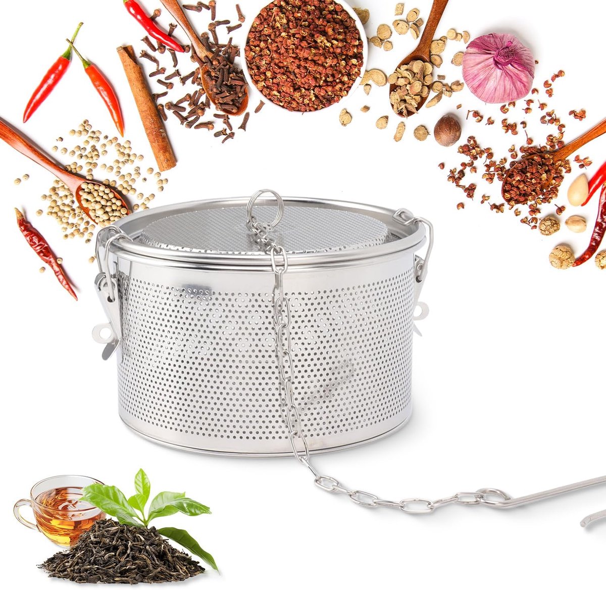 roestvrij staal, scheidingsmand met hangende ketting, theeballen, filter voor theeblad, koffie, specerijen en kruiden (16 cm)