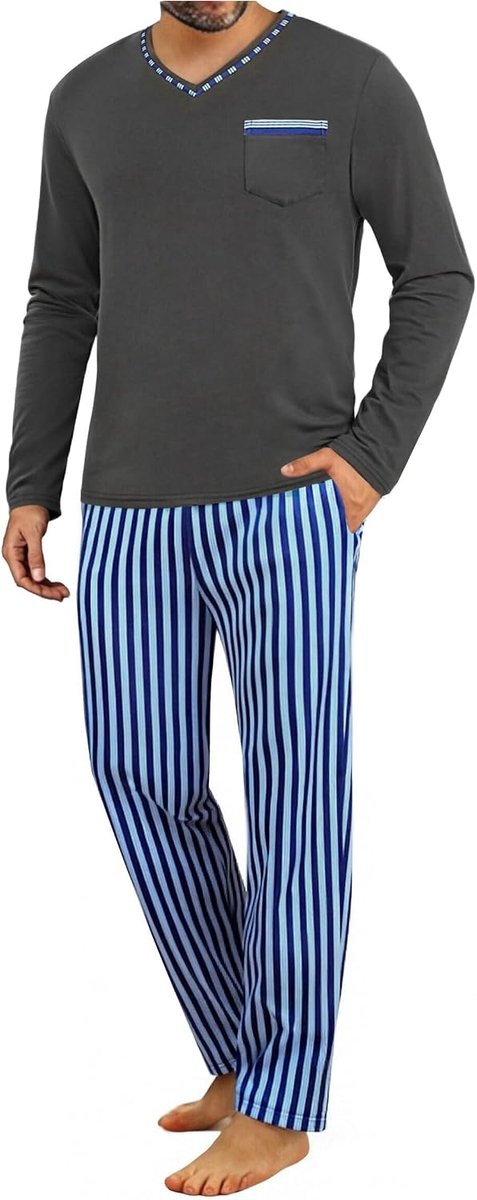 Heren pyjama lange strepen katoen winter pyjama nachtkleding set lange mouwen gestreepte pyjamabroek voor mannen