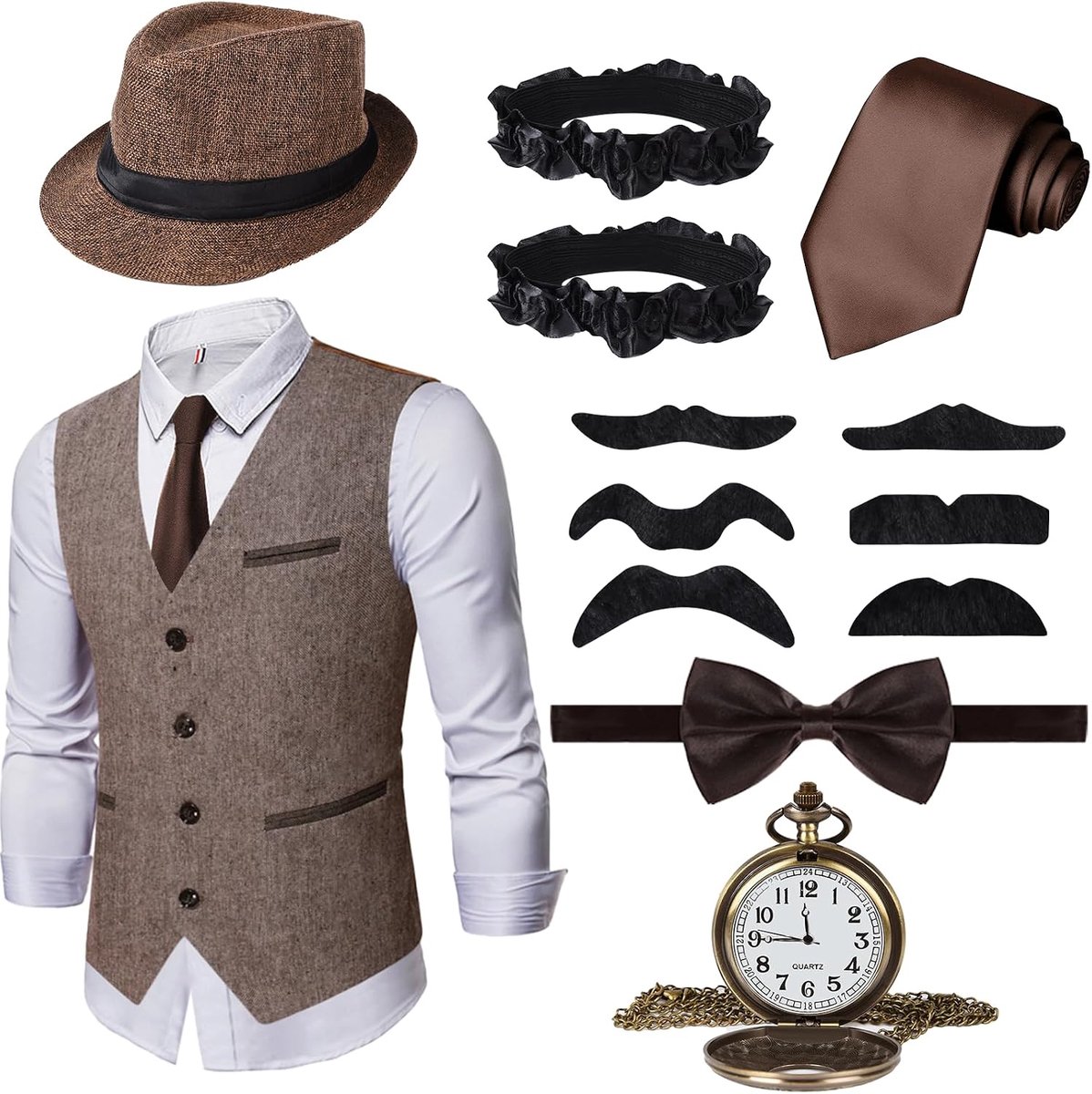Jaren 20-herenaccessoires, 1920-maffiakostuum, set met vest en verschillende accessoires, voor Halloween, carnaval