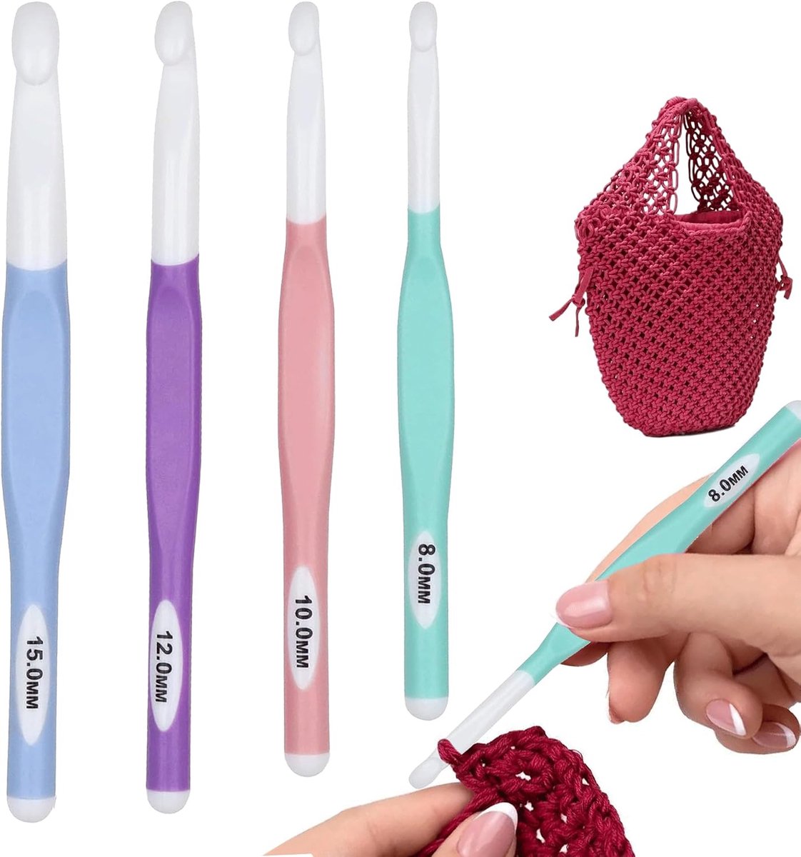 Haaknaaldenset (8 mm, 10 mm, 12 mm, 15 mm) met rubberen handgreep voor het breien van truien en sjaals, professionals, ergonomische haaknaaldenset van kunststof, comfortabele grip