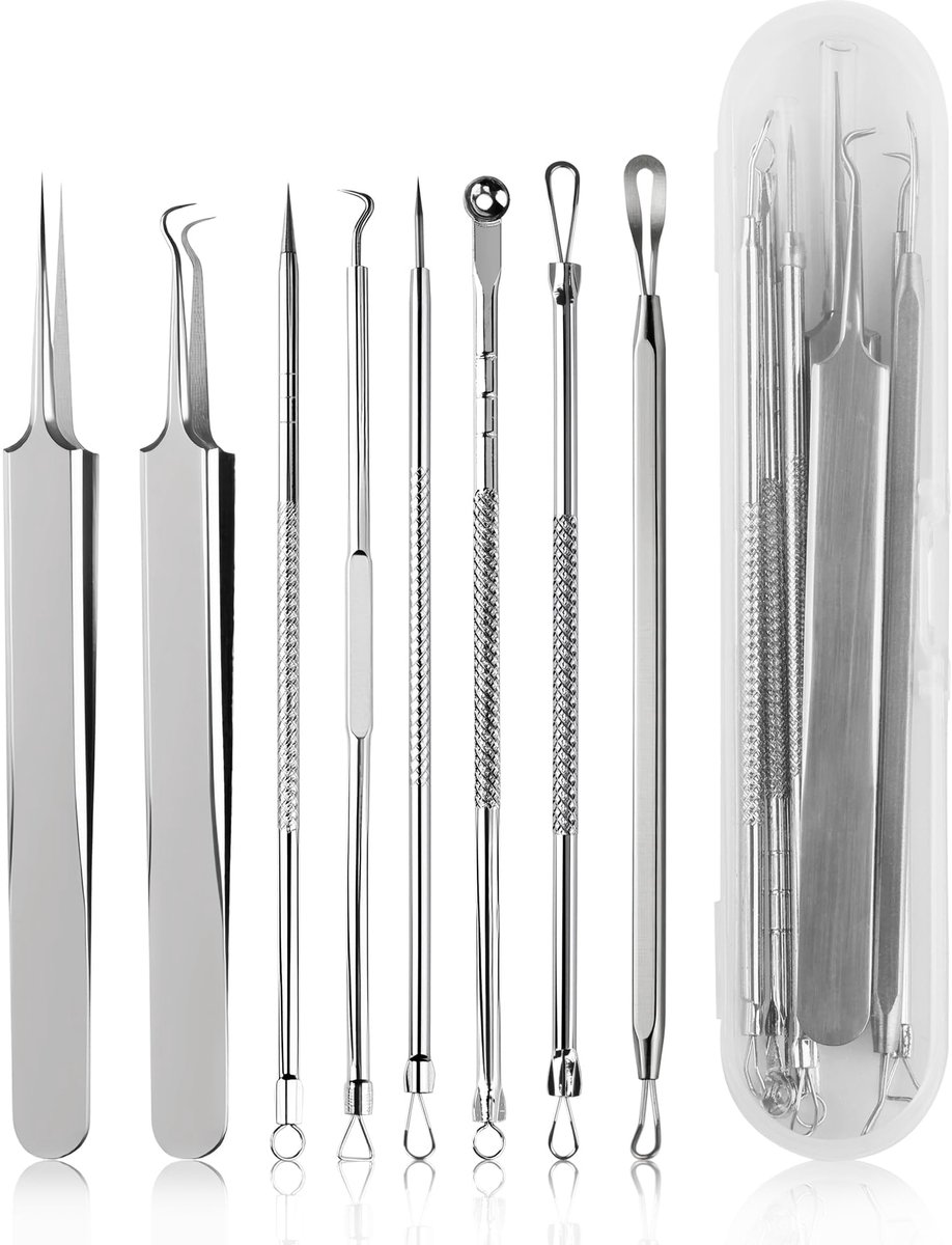 8 Mee-Eter Verwijderaar Extractor Professionele RVS met Opbergdoos | 8-Delige RVS Mee-Eter Verwijderaar Set met Opbergdoos, voor Acne, Mee-Eters en Whiteheads, Veilig en Nauwkeurig.