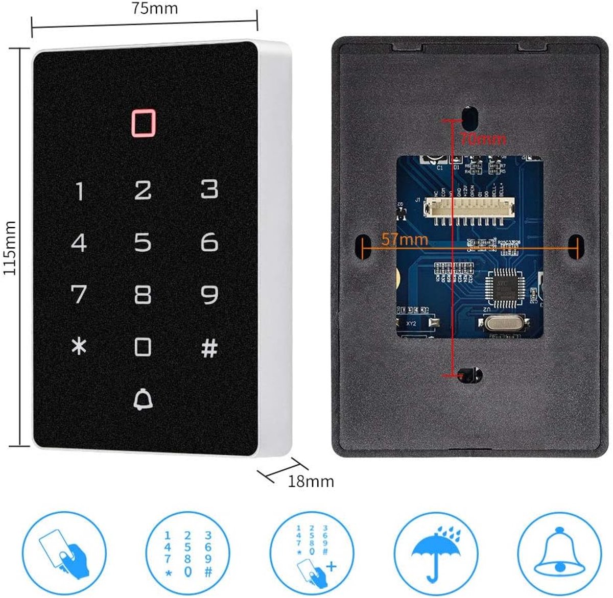 Vrijstaand toetsenbord EM/ID 125 kHz met Wiegand Interface RFID-lezer voor Toegangscontrole Appartement Beveiligingssysteem met Blauwe Sleutelhanger, 10 stuks