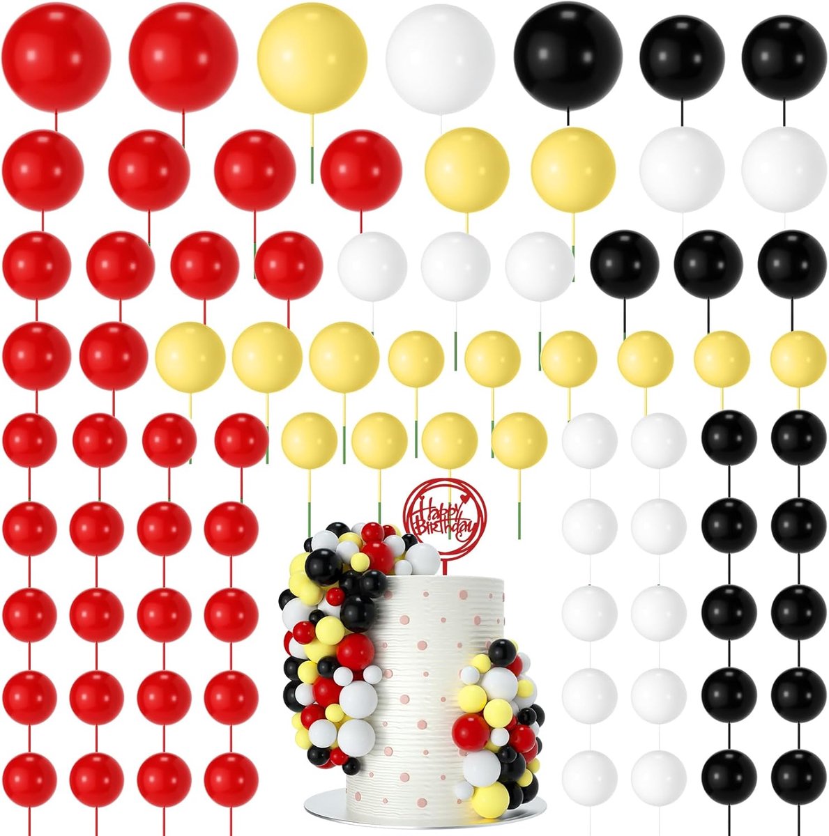 80 stuks mini-ballontaarttopper, schuimballen voor het decoreren van verjaardagsfeesten, bruiloften, jubileum (rood, geel, zwart, wit)