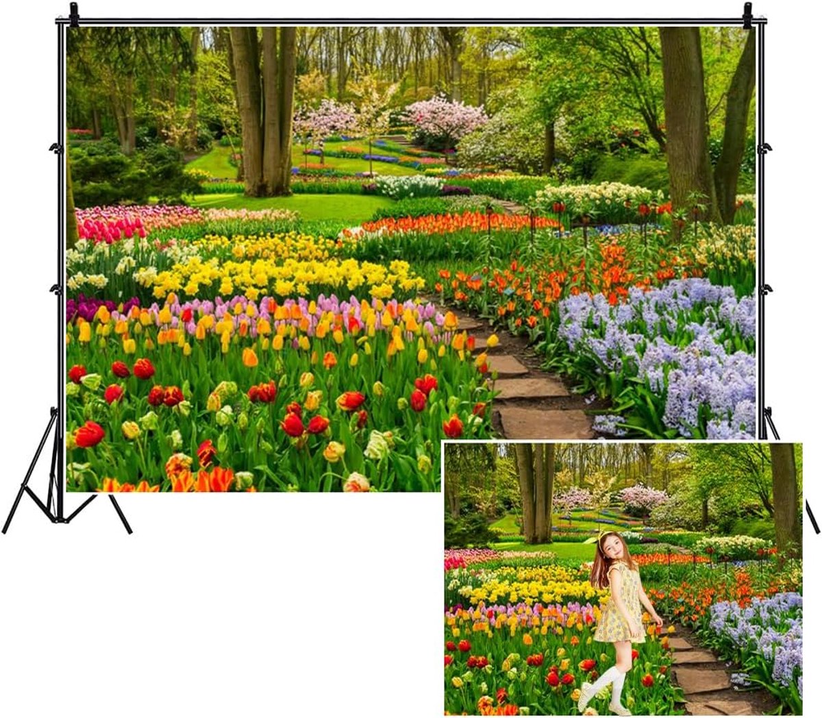 10x8 ft Lentebos Park Polyester Achtergrond Bloeiende Tulp Bloemen Jungle Tuin Fotografie Achtergrond Kinderen Lente Buiten Uitje Kunst Portretten Foto Studio Rekwisieten Behang