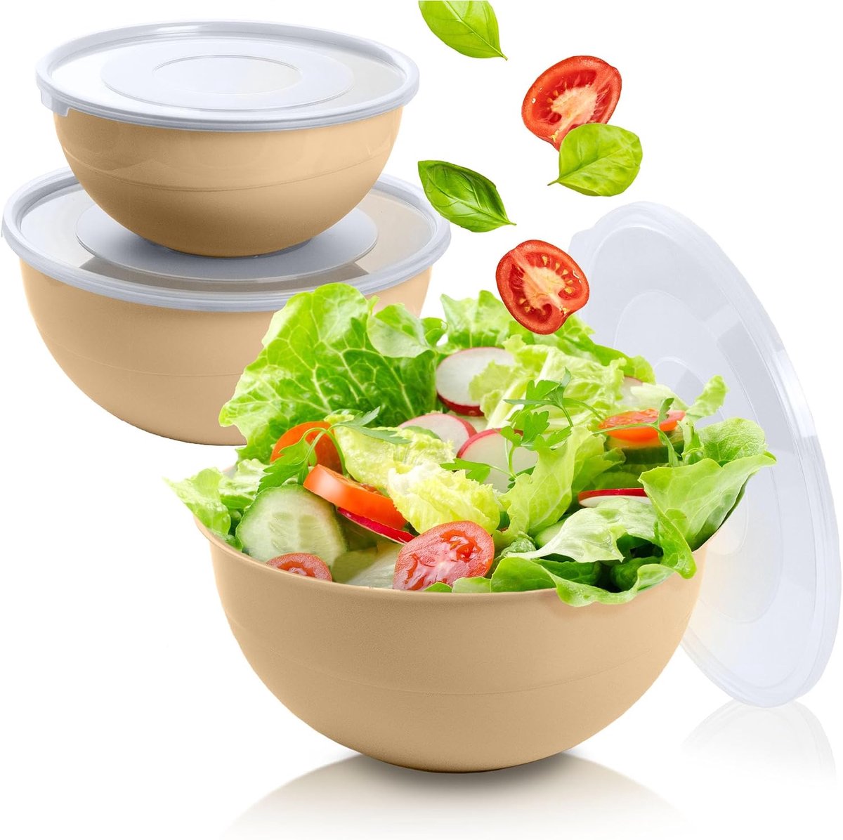Saladekommenset, groot, met deksel, 3 schalen, 2-5 l, kunststof kommenset, serveerschalen, ideaal voor het mengen en serveren (beige)