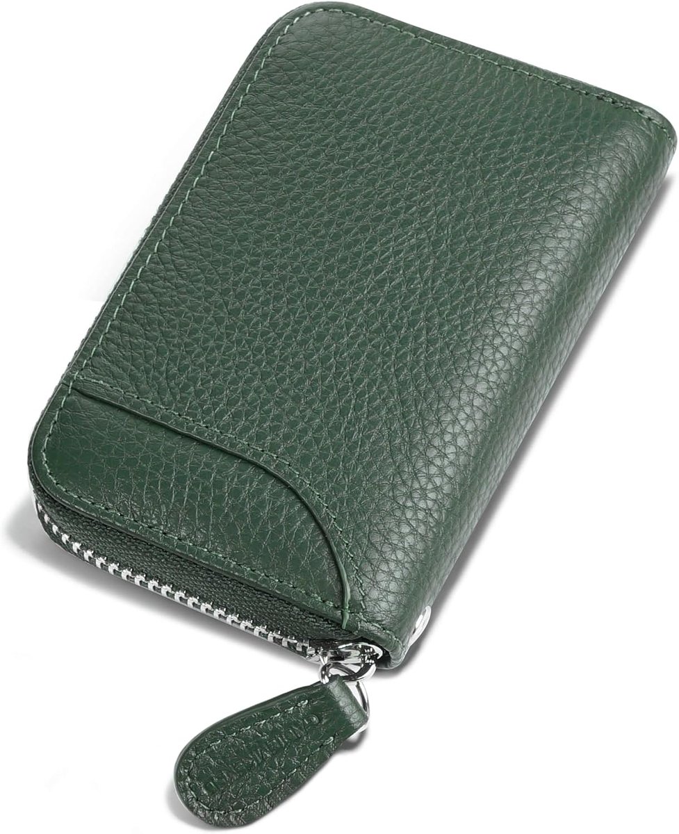 Creditcardhouder RFID-bescherming lederen portemonnee 14 vakken kaarthouder met ritssluiting, groen, 11 x 7,5 x 2,5 cm, Minimalistisch