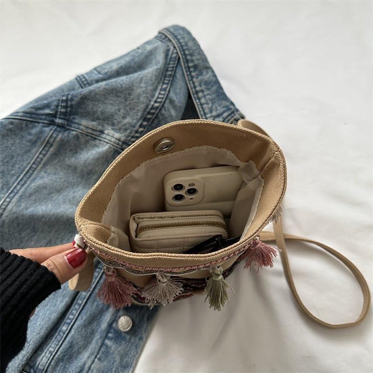 Crossbodytassen met kwastjes Boho etnische schoudertas Vintage canvas schoudertas Bucket bag Crossbodytas voor dames