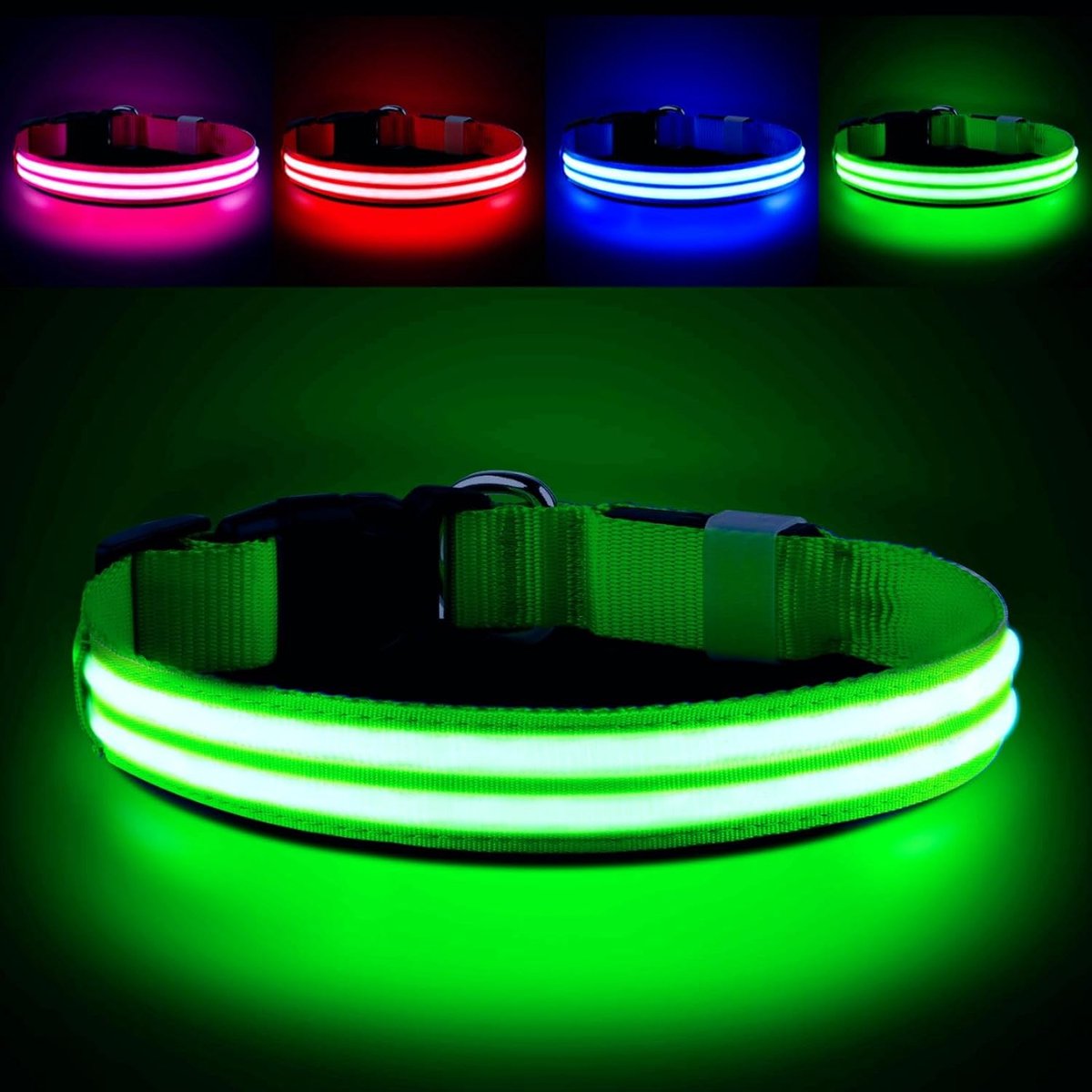 Lichtgevende hondenhalsband, oplaadbaar, 3 modi, knipperende hondenhalsband met licht, waterdicht, led-halsband voor kleine, middelgrote en grote honden, groen, S