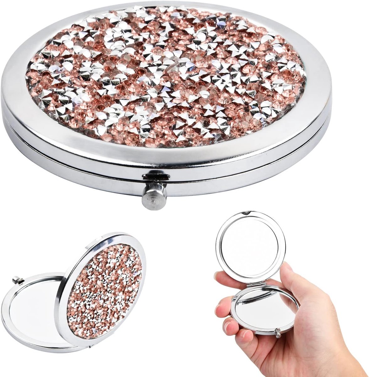 Zakspiegel, mini-make-upspiegel, ronde draagbare handspiegel, 70 mm, ronde make-upspiegel, dubbelzijdige zakspiegel met diamanten, cosmeticaspiegel voor op reis, mini-spiegel (roze)