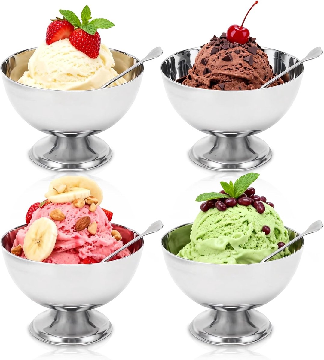 4 stuks roestvrijstalen ijsbekers, kleine herbruikbare dessertkommen, serveerschaal voor ijsbekers, sorbet, fruitsalade, pudding