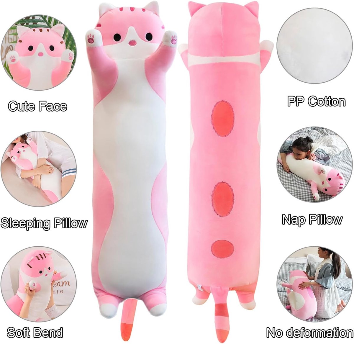 Pluche Kussen Kat - Extra Zachte Knuffelkat - 4 Kleuren & 6 Maten (50-150cm) - Ideaal Slaap- of Cadeaukussen voor Kinderen(Roze,70cm）