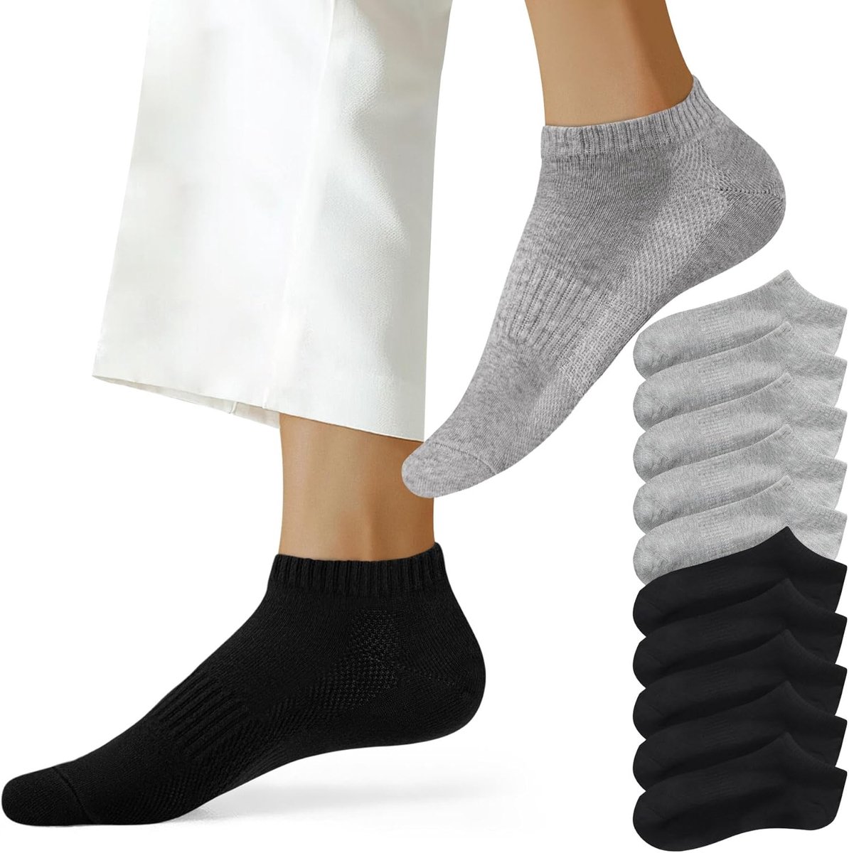 Sokken voor dames en heren, katoen, zwart, wit, grijs, korte halfsokken, uniseks, 5 x zwart 5 x grijs, 39-42 EU