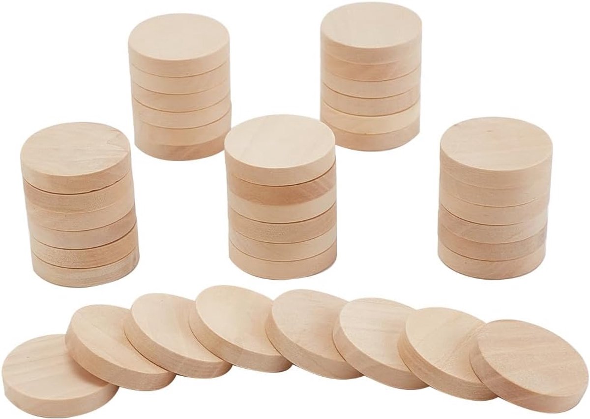 50 stuks natuurlijke ronde houten schijven, 2,5 cm, onafgewerkte houten cirkels, beukenhout, ronde stukken, onafgewerkte houten cirkelschijven voor knutselen, hangende decoratie
