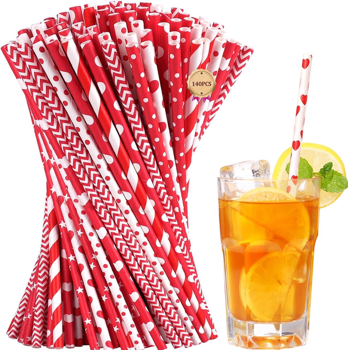 Rietjes 140 stuks - Rode en Witte Festelijke Rietjes met Motieven (Stippen, Sterren, Strepen) voor Carnaval, Valentijnsdag & Feesten - Biologisch Afbreekbaar