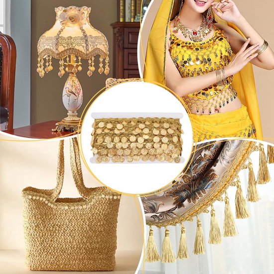 9.1 M Gouden Munt Vorm Trim Pailletten Kant Kwastje Fringe Trim 4Cm Breedte Pailletten Kwastje Kant Lint Fringe Dans Jurk Riem Ketting Voor Kleding Decoratie Party Accessoires — afbeelding 4