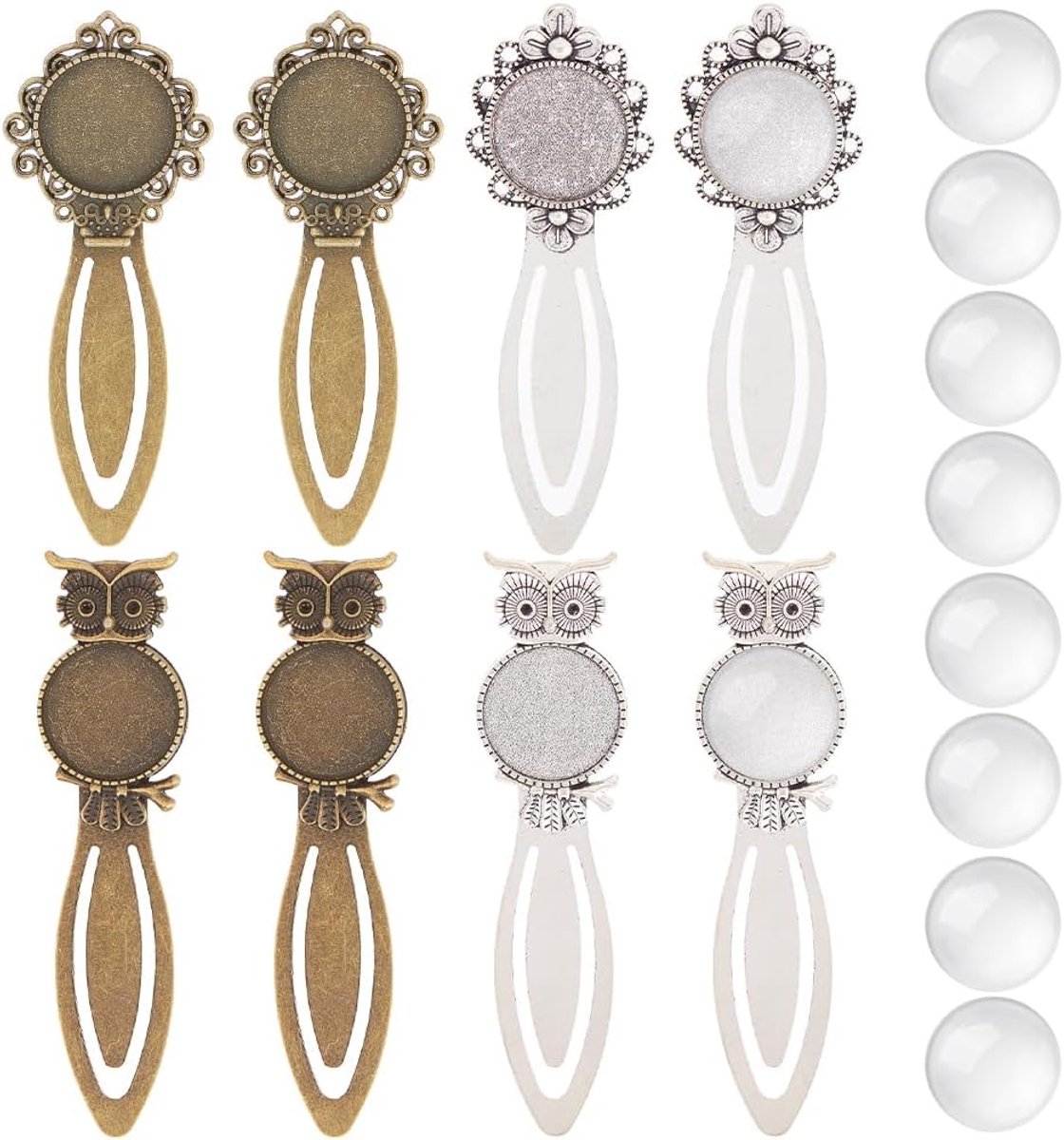16Pcs DIY 8 Sets Vintage Bladwijzers Metalen Bladwijzer Clips Natuurlijke Gedroogde Bloemen Glas Cabochons Boek Pagina Marks Bladwijzer Bezel Blanks Lade Antiek Brons Zilver Bladwijzers Set