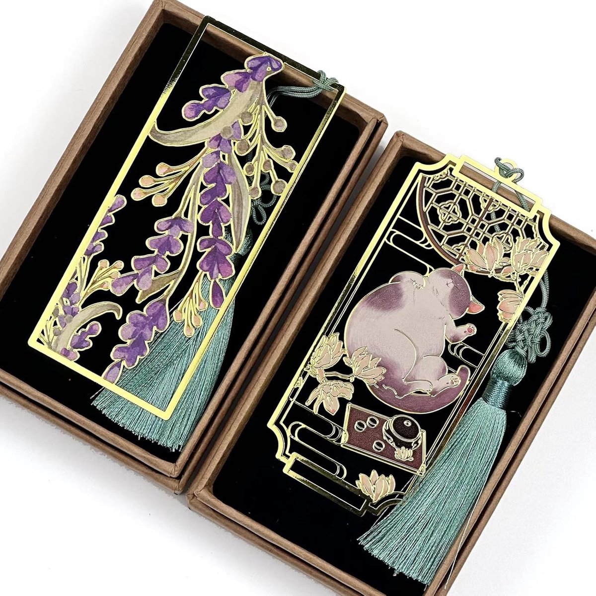 2 stuks premium metalen bladwijzers met katten en violette bloem - bladwijzers ideaal cadeau-idee voor vrouwen, leraren, studenten, vieringen en boekenclubs