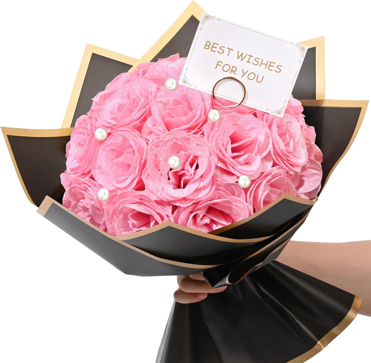 Roze glitter rozen boeket doe-het-zelf kunstboeket voor Valentijnsdag, jubileum, verloving, bruiloft, 24 rozen