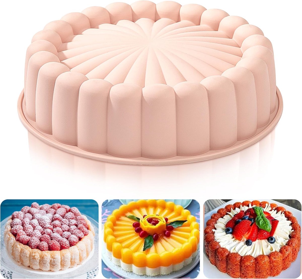 siliconen bakvorm 25,4 cm (25,4 cm) cakevorm zonnebloem ronde siliconen vormen anti-aanbak geribbelde cakevorm voor verjaardagsfeest DIY bakgereedschap roze