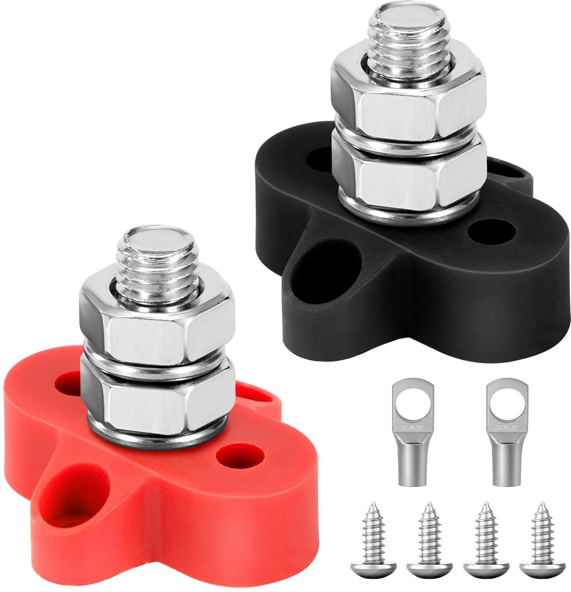 Aansluitbouten, M10, accuklemmenblokken, 12 V-48 V, stroomverdeling, klemblok, verzamelrail, busbar voor auto, camper, boot, zwart en rood, 2 stuks