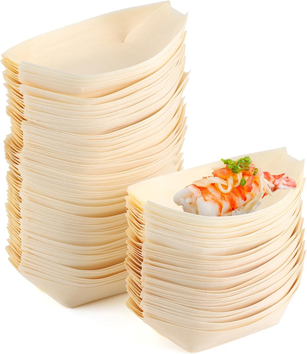 100 stuks biologisch afbreekbare snackschalen van hout, praktische scheepjesvorm voor fingerfood, grillen, feesten, salade en friet, milieuvriendelijke wegwerpschalen, stabiel en licht