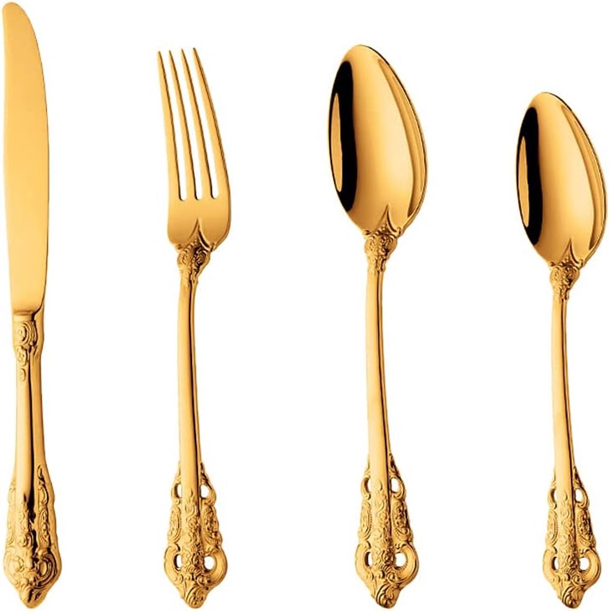 Food Grade 18/10 RVS Bestekset 4-delig met Mes Vork Lepel Theelepel, Antieke Koninklijke Stijl, Vaatwasmachinebestendig