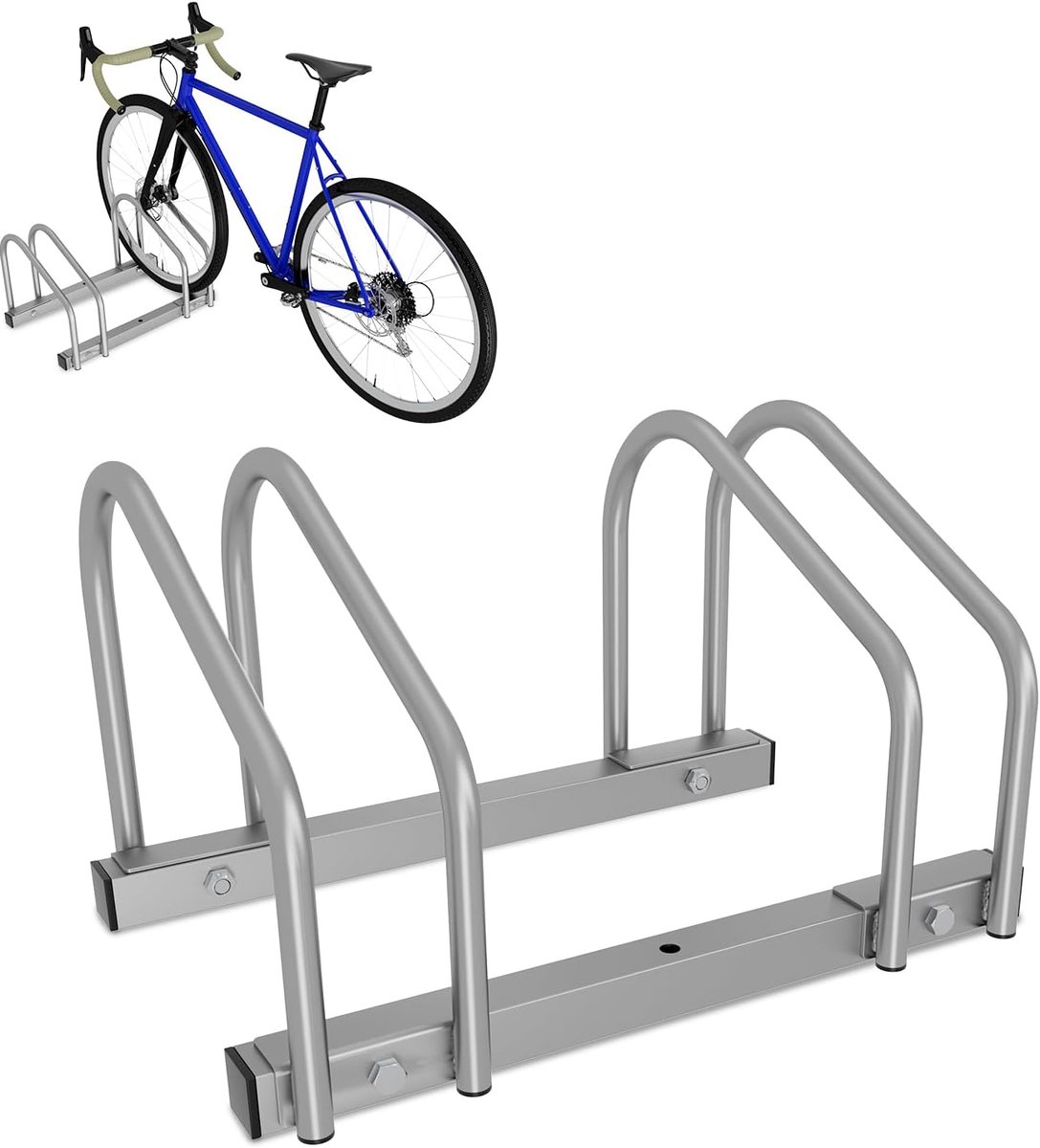 Fietsstandaard voor 2 fietsen, 35-55 mm bandbreedte, fietsstandaard vloer, eenvoudige montage, fietsstandaard, verzinkt staal, 41 x 32 x 26 cm, zilver