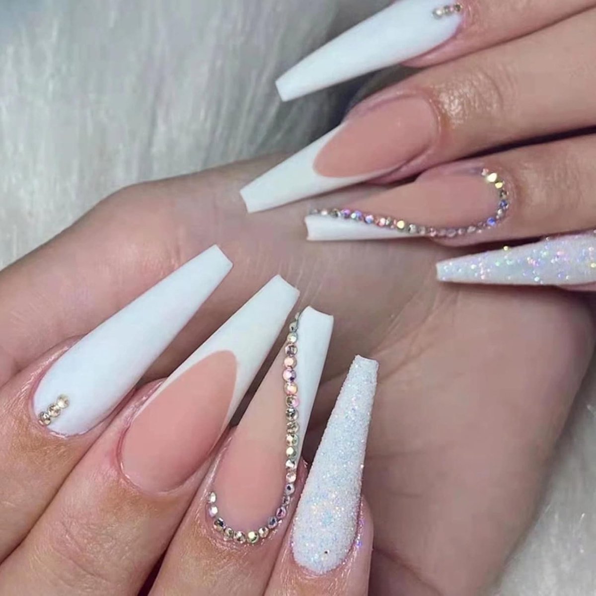 Franse nepnagels met strass, splicing Press-on nagels met pailletten ontwerp, lange stick on nagels, kunstset voor vrouwen en meisjes