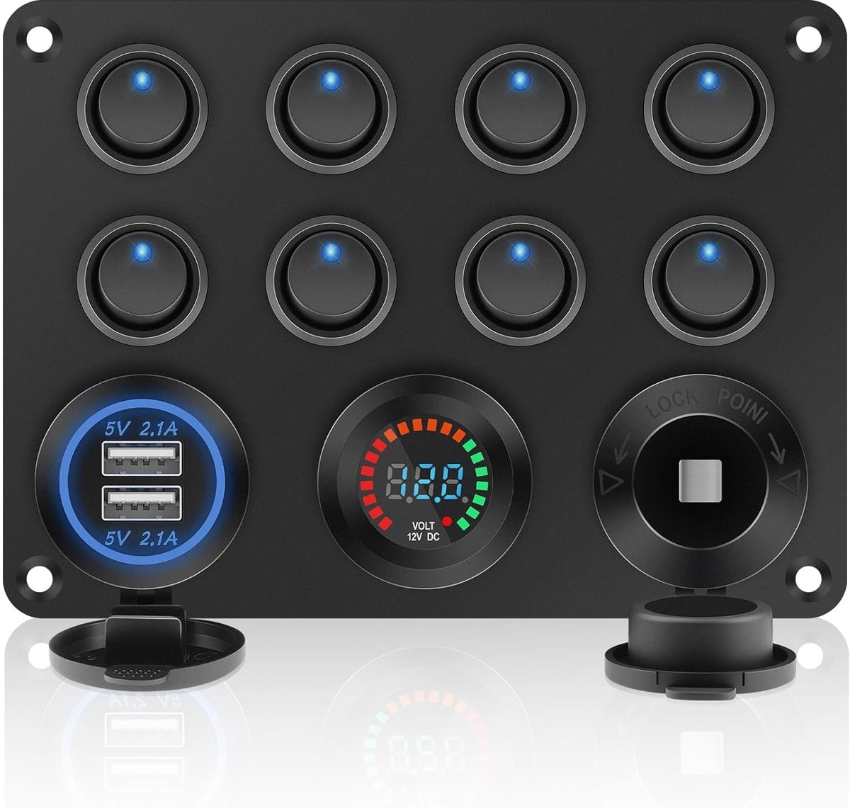 8-voudig waterdicht schakelpaneel, 12V/24V wipschakelaar tuimelschakelaar paneel met blauwe LED-verlichting, dubbel USB-oplader voor auto, vrachtwagen, boten, camper